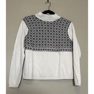 Talbots Women Petite M Sweater Black White Snowflake Turtleneck Cotton Fair Isle